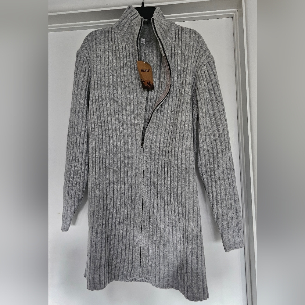 NWT Manly Men’s Gray Sweater / Cartigan Full Zip Up | Size Large